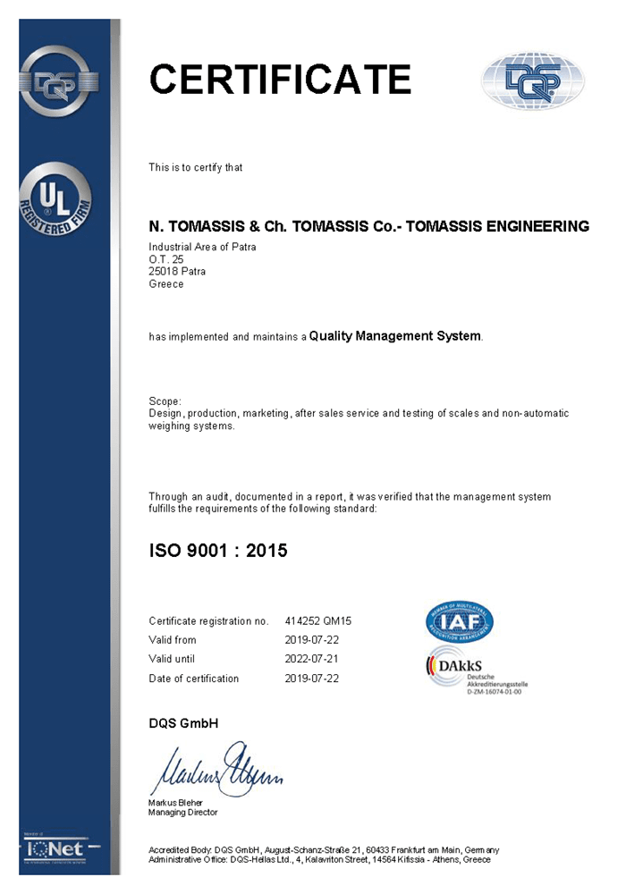 Quality certification IQNET - Tomasis - Patras