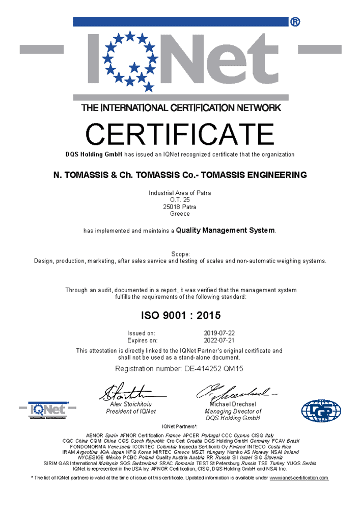 Quality certification IQNET - Tomasis - Patras